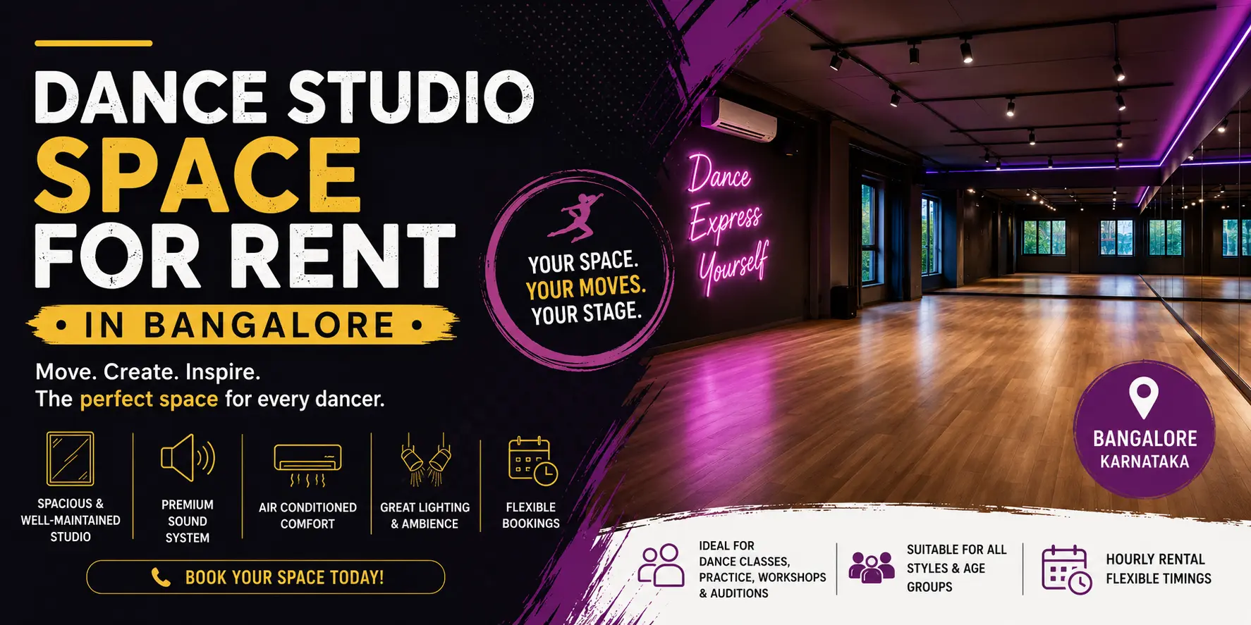 Dance studio space for rent in Bangalore